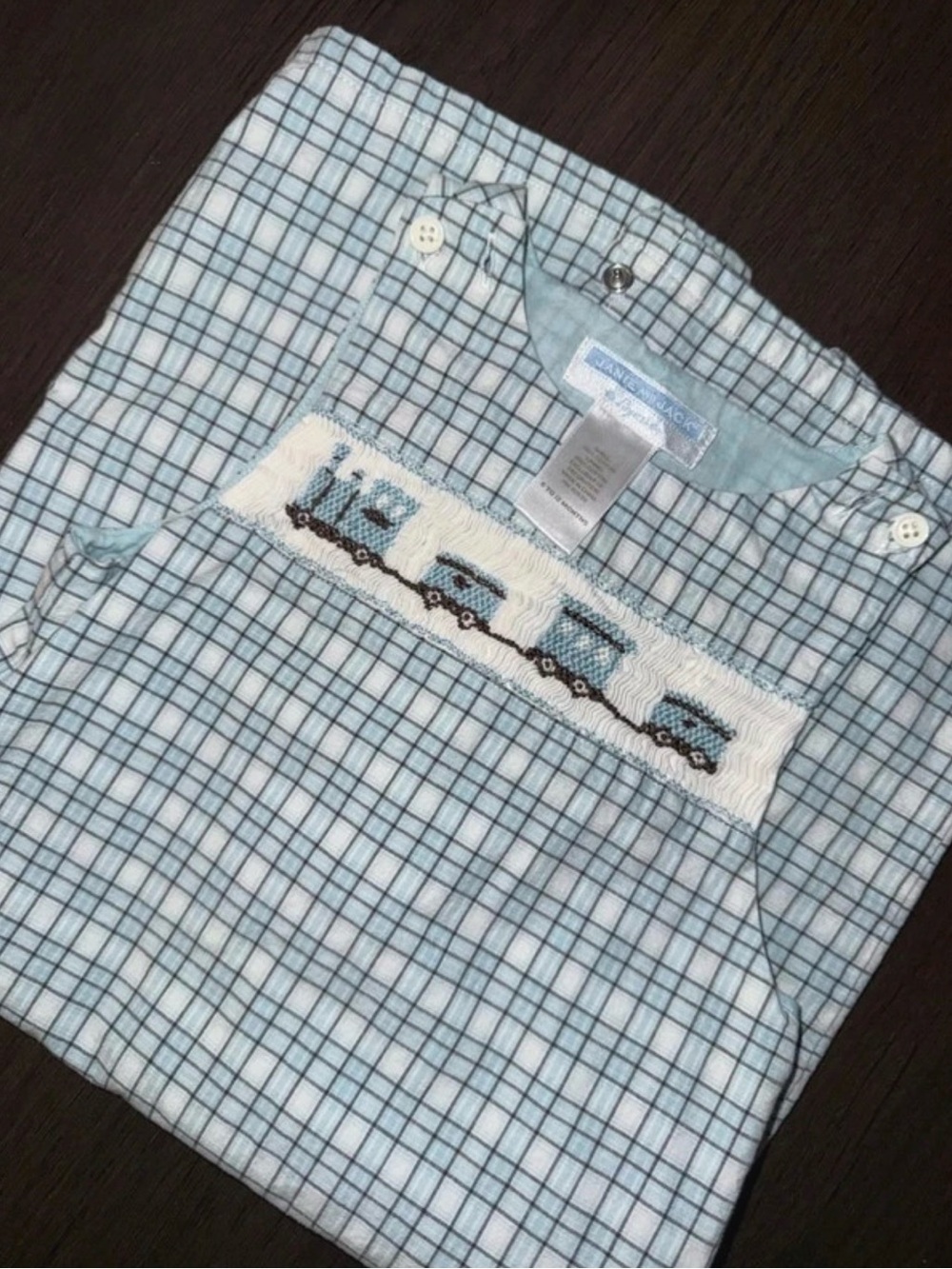 Janie and Jack Light Blue and Navy Smocked Pantalls with train, 6-12 months